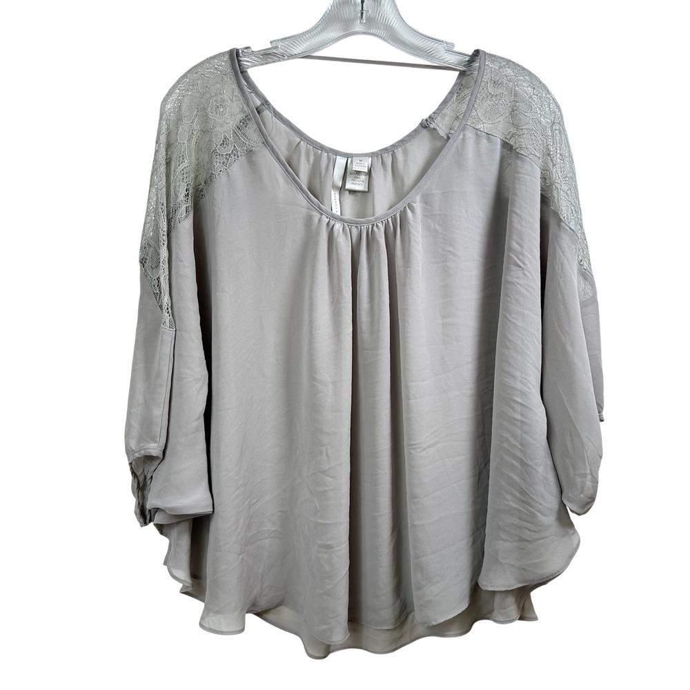 LC Lauren Conrad Womens Taupe Grey Lace Shoulder Dolman Blouse Medium